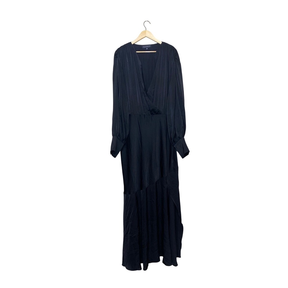 Eloquii Black Satin Wrap Maxi Dress Long Sleeve Plus Size 26 Asymmetrical Gown